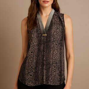 Tahari Rosalyn Gray Sleeveless Blouse Snake Print Velvet Trim Women's Large